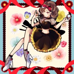 Rule 34 | 1girl, ;o, bare legs, black skirt, black vest, blue border, blush, border, bow, brown eyes, brown hair, brown skirt, brush, crossed legs, earrings, eyelashes, flower, frilled skirt, frills, full body, hair bow, hand mirror, high heels, highres, holding, jewelry, long hair, looking at viewer, midriff, mirror, nail polish, navel, one eye closed, original, parted lips, polka dot, ponita, ponytail, red bow, red nails, red ribbon, ribbon, shoes, short sleeves, sitting, skirt, socks, solo, stomach, striped clothes, striped socks, vertical-striped clothes, vertical-striped socks, vest, white footwear