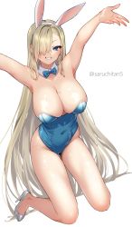 Rule 34 | 1girl, absurdres, animal ears, arms up, artist name, asuna (blue archive), asuna (bunny) (blue archive), bare shoulders, blonde hair, blue archive, blue eyes, blue leotard, bow, bowtie, breasts, cleavage, commentary request, covered navel, fake animal ears, full body, hair ornament, hair over one eye, highleg, highleg leotard, highres, kneeling, large breasts, leotard, looking at viewer, mole, mole on breast, parted lips, playboy bunny, rabbit ears, saruchitan, shiny skin, simple background, smile, solo, strapless, strapless leotard, teeth, traditional bowtie, white footwear