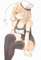 Rule 34 | 10s, 1girl, aqua eyes, black thighhighs, blonde hair, clenched hands, glasses, hat, i-8 (kancolle), kantai collection, komeshiro kasu, long hair, one-piece swimsuit, one eye closed, personification, red-framed eyewear, school swimsuit, solo, swimsuit, thighhighs, wink