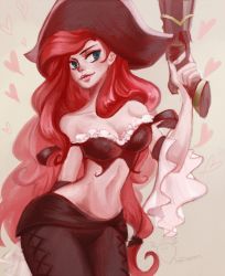 Rule 34 | 1girl, bare shoulders, blue eyes, breasts, cleavage, detached sleeves, gun, handgun, hat, heart, inkinesss, league of legends, lips, long hair, midriff, navel, pants, red hair, miss fortune (league of legends), narrow waist, solo, weapon