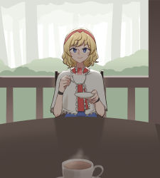 Rule 34 | 1girl, alice margatroid, ascot, blonde hair, blue eyes, capelet, commentary, cup, english commentary, forest, frilled ascot, frills, hairband, highres, looking at viewer, mata (matasoup), nature, pov, red ascot, red hairband, saucer, smile, solo, tea, teacup, touhou, tree, wrist cuffs