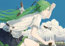 Rule 34 | 1girl, :d, animal, bare arms, bicycle, bird, black skirt, building, canal, cloud, collared shirt, day, floating hair, from side, green hair, hair ornament, hatsune miku, house, long hair, miniskirt, open mouth, outdoors, pleated skirt, power lines, riding, shading eyes, shirt, short sleeves, skirt, sky, smile, solo, transmission tower, vocaloid, white shirt, yukima (yushika)