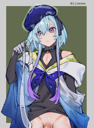 Rule 34 | 1boy, arknights, belt, black collar, black gloves, black ribbon, black shirt, blue hair, blue hat, blue jacket, blue neckerchief, border, bottomless, cleavage cutout, clothing cutout, collar, cowboy shot, gloves, green background, grey border, groin, hair between eyes, hair ribbon, hand up, hat, highres, holding, holding belt, infection monitor (arknights), jacket, looking at viewer, male focus, mirin chikuwa, mizuki (arknights), multicolored hair, neckerchief, out-of-frame censoring, outside border, penis, penis peek, pink hair, ribbon, shirt, short hair with long locks, simple background, sleeveless, sleeveless shirt, solo, streaked hair, trap, twitter username, uncensored, unworn belt, white belt