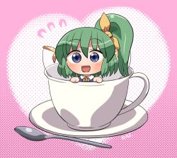 Rule 34 | 1girl, blue eyes, blush, cup, daiyousei, fairy, fairy wings, flying sweatdrops, green hair, hair between eyes, heart, in container, in cup, long hair, looking at viewer, open mouth, rokugou daisuke, side ponytail, signature, smile, solo, touhou, wings