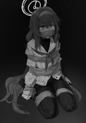 1girl a_tea bdsm blue_archive bound bound_arms bound_legs cloth_gag dark gag greyscale highres improvised_gag long_hair looking_at_viewer monochrome pantyhose school_uniform seiza sitting sweater ui_(blue_archive) wariza