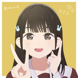 Rule 34 | 1girl, :d, animification, black eyes, black hair, border, brown dress, collarbone, commentary, cosplay, cropped shoulders, dated, dress, finger counting, flower, hair ornament, hashtag, hasu no sora school uniform, highres, hinoshita kaho, hinoshita kaho (cosplay), index finger raised, link! like! love live!, long hair, looking at viewer, love live!, makki do, nirei nozomi, open mouth, outside border, pointing, pointing up, rabbit hair ornament, real life, sailor collar, school uniform, smile, teeth, upper teeth only, v, voice actor, voice actor connection, white border, white sailor collar