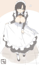 Rule 34 | 1girl, alternate costume, alternate hairstyle, ankle strap, apron, artist name, assault lily, black dress, black footwear, black hair, blush, braid, breasts, brown background, cleavage, cleavage cutout, clothing cutout, commentary request, dress, enmaided, frilled apron, frilled dress, frills, full body, gochisousama (tanin050), green eyes, hair over shoulder, hand up, highres, juliet sleeves, large breasts, leaning forward, long hair, long sleeves, looking at viewer, maid, maid headdress, notice lines, parted lips, puffy sleeves, shoes, side braid, single braid, skirt hold, solo, speech bubble, standing, sweatdrop, two-tone background, wang yujia, white apron, white background, white legwear