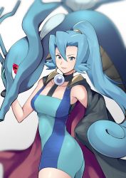 Rule 34 | 1girl, ameno (a meno0), bad id, bad twitter id, black cape, blue dress, blue eyes, blue gloves, blue hair, breasts, cape, clair (pokemon), collarbone, cowboy shot, creatures (company), dress, game freak, gen 2 pokemon, gloves, hair between eyes, hair ornament, high ponytail, kingdra, long hair, looking at viewer, medium breasts, nintendo, parted lips, pokemon, pokemon (creature), pokemon gsc, red eyes, short dress, sleeveless, sleeveless dress, smile, standing, very long hair, white background