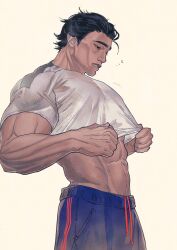 Rule 34 | 1boy, abs, bara, black hair, blue pants, clothes lift, k5verse, large pectorals, male focus, marvel, miguel o&#039;hara, muscular, muscular male, navel, pants, pectorals, shirt, shirt lift, short hair, solo, spider-man: across the spider-verse, spider-man (series), spider-verse, white shirt