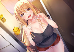 Rule 34 | 1girl, :d, bare arms, bare shoulders, black tank top, blonde hair, breasts, character request, cleavage, collarbone, commentary request, copyright request, cowboy shot, dutch angle, highres, holding, irohara, large breasts, long hair, looking at viewer, low-tied long hair, mole, mole on breast, mole under mouth, open mouth, pointing, pregnancy test, red shorts, short shorts, shorts, smile, solo, standing, tank top, thighs, very long hair, yellow eyes