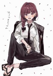 Rule 34 | 1girl, alcohol carton, alternate costume, black jacket, black nails, black necktie, black pants, bocchi the rock!, bow, braid, braided ponytail, breasts, collared shirt, confetti, earrings, enu (brandnewday02), fang, hair bow, hand tattoo, highres, hiroi kikuri, jacket, jacket on shoulders, jewelry, knee up, long hair, long sleeves, looking at viewer, necktie, open mouth, pants, purple eyes, purple hair, sandals, shirt, shirt tucked in, simple background, sitting, small breasts, smile, solo, tattoo, translation request, white background