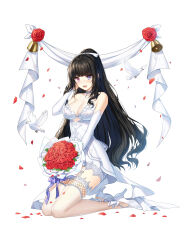 Rule 34 | 1girl, :d, adjusting hair, ankle bow, ankle ribbon, bai winchester, banner, bare shoulders, bell, bird, black hair, blunt bangs, blush, bouquet, bow, braid, breasts, bridal gauntlets, cleavage, closers, clothing cutout, dove, dress, falling petals, flower, french braid, full body, garter straps, hair bow, hand up, heterochromia, high heels, highres, holding, holding bouquet, kneeling, lace, lace-trimmed dress, lace-trimmed thighhighs, lace trim, leg ribbon, long hair, looking at viewer, medium breasts, official art, open mouth, pencil dress, petals, pink eyes, ponytail, purple bow, purple eyes, red flower, red rose, ribbon, rose, see-through, see-through cleavage, short dress, sidelocks, sleeveless, sleeveless dress, smile, solo, tachi-e, thighhighs, underboob cutout, very long hair, wedding dress, white background, white bow, white bridal gauntlets, dove, white dress, white footwear, white thighhighs