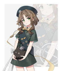 Rule 34 | 1girl, 1other, 606 haochuangshangren, animal, badge, bow, bowtie, brown hair, bucket hat, cat, eagle (reverse:1999), girl scout, green eyes, green sash, hair ornament, hairclip, hat, highres, holding, holding animal, holding cat, jewelry, looking at viewer, necklace, parted bangs, reverse:1999, sash, scout uniform, shoulder sash