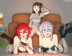 Rule 34 | 3girls, arm behind head, arm up, bra, breast press, breasts, brown hair, controller, couch, croix meridies, female pubic hair, game controller, glasses, green eyes, highres, kagari atsuko, lingerie, little witch academia, looking at viewer, lying, medium breasts, multiple girls, oksandio, on couch, open mouth, panties, partially undressed, ponytail, pubic hair, pussy, pussy juice, red bra, red eyes, red hair, red panties, sitting, smile, socks, uncensored, underwear, ursula callistis