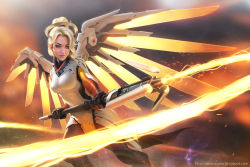 Rule 34 | 1girl, alex negrea, blonde hair, blue eyes, breasts, cowboy shot, energy, glowing, glowing wings, halo, high ponytail, highres, holding, light smile, lips, looking at viewer, mechanical halo, mechanical wings, mercy (overwatch), nose, overwatch, overwatch 1, pantyhose, realistic, short hair, solo, spread wings, staff, watermark, web address, wings, yellow wings