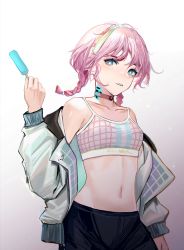 Rule 34 | 1girl, absurdres, arknights, black pants, blue eyes, blue poison (arknights), blue poison (shoal beat) (arknights), braid, choker, collarbone, cowboy shot, food, gradient background, hairband, highres, holding, holding food, jacket, long sleeves, looking at viewer, medium hair, midriff, navel, o-ring, o-ring choker, off shoulder, official alternate costume, open clothes, open jacket, pants, parted lips, pink choker, pink hair, popsicle, scales, shuimo, simple background, solo, sports bra, twin braids, white background, white jacket, white sports bra