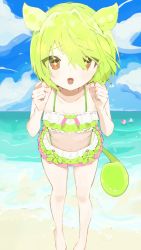Rule 34 | + +, 3girls, beach, bikini, blush, brown eyes, clenched hands, cloud, commentary request, green hair, hair over eyes, highres, kotonoha akane, kotonoha aoi, long hair, looking at viewer, multicolored clothes, multicolored swimsuit, multiple girls, open mouth, pea pod, personification, ponytail, pwww, swimsuit, water, zundamon