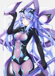 Rule 34 | 1girl, arm up, blue eyes, blush, bodysuit, breasts, commentary request, covered navel, cowboy shot, hair between eyes, headgear, highres, holding, holding sword, holding weapon, kumari7, long hair, looking at viewer, neptune (series), next purple, open mouth, power symbol, power symbol-shaped pupils, purple hair, skin tight, solo, standing, sword, symbol-shaped pupils, very long hair, weapon