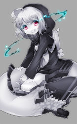 Rule 34 | 10s, 1girl, abyssal ship, ahoge, black bra, bra, breasts, glowing, glowing eyes, grey background, hood, kantai collection, looking at viewer, pale skin, patatata, re-class battleship, red eyes, scarf, short hair, simple background, smile, solo, underwear, white hair