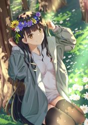 Rule 34 | 1girl, arm up, blue flower, blush, breasts, brown eyes, brown hair, brown thighhighs, closed mouth, commentary, dress, dutch angle, flower, flower wreath, grass, green jacket, hand up, head wreath, highres, jacket, long hair, long sleeves, looking at viewer, mobu (wddtfy61), on grass, open clothes, open jacket, original, purple flower, red flower, shaded face, sitting, small breasts, smile, solo, symbol-only commentary, thighhighs, tree, white dress, white flower, yellow flower
