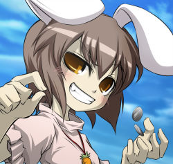 Rule 34 | 1girl, animal ears, black hair, blush, brown eyes, brown hair, carrot, carrot necklace, coin, evil grin, evil smile, fang, female focus, grin, inaba tewi, jewelry, md5 mismatch, necklace, noya makoto, phantasmagoria of flower view, rabbit ears, resolution mismatch, short hair, smile, solo, source larger, touhou