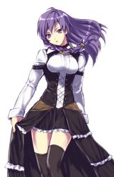 Rule 34 | 1girl, alternate costume, braid, breasts, commentary request, corset, dress, long hair, looking at viewer, maria traydor, murata tefu, open mouth, purple hair, solo, standing, star ocean, star ocean till the end of time, thighhighs, white background