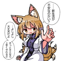 Rule 34 | 1girl, animal ear fluff, animal ears, arm up, blonde hair, blush, breasts, buttons, collar, dress, fox ears, fox tail, frilled collar, frills, hair between eyes, kasuya baian, kitsune, looking at viewer, medium breasts, medium hair, multiple tails, no headwear, open mouth, print tabard, purple collar, purple stripes, purple tabard, simple background, sitting, solo, speech bubble, tabard, tail, touhou, translation request, white background, white dress, wide sleeves, yakumo ran, yellow eyes