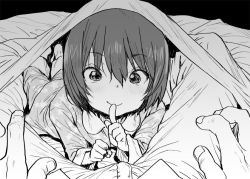 Rule 34 | 1boy, 1girl, blanket, child, finger to mouth, greyscale, looking at viewer, lying, monochrome, on stomach, original, pajamas, ponsuke (pon00000), pov, short hair, shushing, smile, under covers