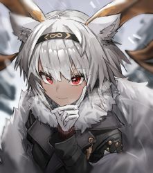 Rule 34 | 1girl, animal ears, arknights, black coat, blurry, blurry background, carnelian (arknights), carnelian (hohenlohe chillysand) (arknights), closed mouth, coat, collarbone, dark-skinned female, dark skin, depth of field, fur collar, gloves, goat ears, goat girl, goat horns, hand on own cheek, hand on own face, highres, horn/wood, horns, long sleeves, looking at viewer, official alternate costume, outdoors, red eyes, short hair, silver hair, smile, snowing, solo, upper body, white gloves