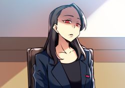 Rule 34 | 1girl, black shirt, collarbone, commentary, english commentary, formal, kim yo-jong, medium hair, meme, north korean flag, open mouth, parted lips, peach88, real life, red eyes, shaded face, shirt, solo, suit, uniform, upper body