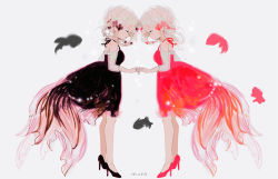 Rule 34 | 2girls, air bubble, artist name, black dress, black footwear, bubble, dress, fish, flower, forehead-to-forehead, from side, full body, goldfish, grey background, hair flower, hair ornament, hair rings, halter dress, halterneck, heads together, high heels, holding hands, jewelry, long hair, long sleeves, md5 mismatch, multiple girls, nucco, original, personification, red dress, red flower, red footwear, resolution mismatch, ring, see-through, see-through sleeves, source smaller, standing, white hair