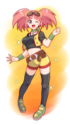 Rule 34 | 1girl, ;d, belt, belt pouch, black shirt, black thighhighs, blunt bangs, bone necklace, breasts, brown belt, choker, commentary, crop top, dinosaur king, full body, goggles, goggles on head, green choker, green footwear, green wristband, grey eyes, hand up, highres, looking at viewer, medium breasts, midriff, navel, one eye closed, open clothes, open mouth, open vest, pink hair, pouch, shirt, shoes, short sleeves, shorts, sidelocks, skindentation, smile, solo, sparkle, standing, t-shirt, tatsuno malm, thighhighs, twintails, vest, wristband, yellow shorts, yellow vest, zuranonaru