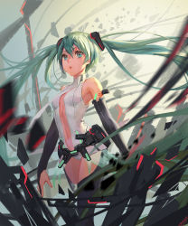Rule 34 | 1girl, absurdly long hair, breasts, breasts apart, bridal gauntlets, cancer (zjcconan), center opening, floating hair, green eyes, green hair, hair between eyes, hatsune miku, hatsune miku (append), long hair, matching hair/eyes, navel, necktie, solo, thighhighs, thighs, twintails, very long hair, vocaloid, vocaloid append