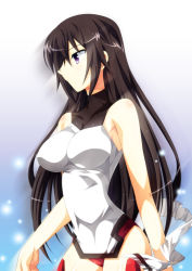 Rule 34 | 10s, 1girl, alternate hairstyle, bare shoulders, black eyes, black hair, bodysuit, breasts, covered navel, cowboy shot, from side, gradient background, hair between eyes, hair down, halterneck, highres, holding, infinite stratos, ka2, large breasts, leotard, light particles, long hair, looking to the side, pelvic curtain, pilot suit, profile, purple eyes, ribbon, serious, shinonono houki, sleeveless, solo, turtleneck, untied, very long hair
