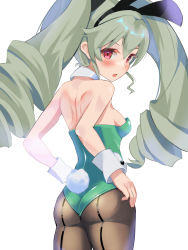 Rule 34 | 1girl, anchovy (girls und panzer), ass, blaze (blazeillust), blush, breasts, detached collar, drill hair, from behind, girls und panzer, green hair, green leotard, hands on own hips, highres, leotard, looking at viewer, open mouth, playboy bunny, rabbit tail, small breasts, solo, tail, thighs, white background, wrist cuffs