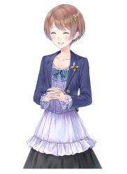 Rule 34 | 1girl, atelier (series), atelier totori, blue bow, blue jacket, blush, bow, brown hair, collarbone, cowboy shot, dress, closed eyes, female focus, filly erhard, frilled sleeves, frills, hair ornament, hairpin, interlocked fingers, jacket, lapel pin, long sleeves, open mouth, short hair, simple background, smile, solo, striped, striped bow, white background