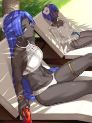 Rule 34 | 2girls, 7dango7, abs, assassin (fate/zero), bikini, bracelet, breasts, colored skin, dappled sunlight, dark-skinned female, dark skin, drink, drinking straw, earrings, fate/grand order, fate/prototype, fate/prototype: fragments of blue and silver, fate (series), female assassin (fate/zero), flower, glass, grey eyes, grey skin, hair flower, hair ornament, hassan of serenity (fate), hibiscus, hood, hood down, hoodie, hoop earrings, jewelry, lace, lace-trimmed swimsuit, lace trim, lips, long hair, looking at viewer, medium breasts, multiple girls, navel, one-piece swimsuit, open clothes, open hoodie, purple hair, reclining, short hair, sleeping, small breasts, spaghetti strap, sunlight, swimsuit, tankini, thigh strap, toned, very long hair, white one-piece swimsuit
