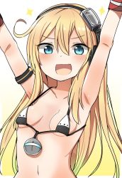 Rule 34 | 1girl, albacore (azur lane), arms up, azur lane, bikini, blue eyes, blush, breasts, collarbone, commentary request, headphones, long hair, looking at viewer, navel, open mouth, portrait, simple background, small breasts, solo, swimsuit, tonari (ichinichime azuma), white background
