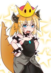 Rule 34 | 1girl, aged down, arched back, armlet, blonde hair, blue eyes, blue gemstone, bowsette, bracelet, colored eyelashes, cowboy shot, crown, from side, gem, hair between eyes, highres, horns, jewelry, lizard tail, mario (series), nintendo, sharp teeth, spiked armlet, spiked bracelet, spikes, standing, super crown, tail, teeth, thick eyebrows, v-shaped eyebrows, white background