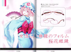 Rule 34 | 1girl, absurdres, bespectacled, blue dress, character name, crease, dress, eyewear on head, glasses, hand fan, hat, highres, japanese clothes, long sleeves, looking back, mob cap, nabeshima tetsuhiro, obi, open mouth, petals, pink eyes, pink hair, ribbon, saigyouji yuyuko, sash, scan, short hair, simple background, smile, solo, text focus, touhou, traditional clothes, triangular headpiece, veil, white background, wide sleeves