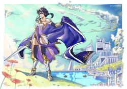 Rule 34 | 1girl, alternate costume, armor, armored boots, black hair, boat, boots, breastplate, cape, cape lift, castle, circlet, city, cityscape, cloud, commission, commissioner upload, fire emblem, fire emblem: genealogy of the holy war, flower, fur-trimmed cape, fur trim, gloves, grass, harbor, hill, holding, holding cape, holding clothes, holding sword, holding weapon, larcei (fire emblem), looking at viewer, nintendo, ocean, outdoors, pauldrons, purple cape, short hair, shoulder armor, skindentation, sky, smile, solo, sword, thighhighs, tomboy, vambraces, watercraft, weapon, yusi vishnu