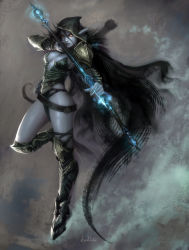 Rule 34 | 1girl, armor, arrow (projectile), black hair, bow, breasts, defense of the ancients, dota (series), drow ranger, drow ranger (dota), large breasts, long hair, pointy ears, solo, weapon