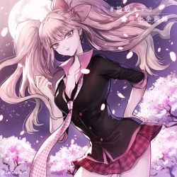 1girl artist_name blue_eyes bow breasts rabbit_hair_ornament cherry_blossoms cleavage commentary_request cosplay danganronpa_(series) danganronpa:_trigger_happy_havoc enoshima_junko enoshima_junko_(cosplay) freckles hair_bow hair_ornament ikusaba_mukuro long_hair looking_at_viewer medium_breasts moon necktie night outdoors pink_hair skirt sleeves_rolled_up smile solo spoilers translation_request twintails z-epto_(chat-noir86)