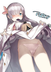 Rule 34 | 1girl, anastasia (fate), aqua eyes, blush, cameltoe, clothes lift, commentary request, condom, condom in mouth, condom wrapper, dress, dress lift, fate/grand order, fate (series), gluteal fold, hair over one eye, hairband, highres, lifted by self, long hair, looking at viewer, mouth hold, panties, pink panties, silver hair, simple background, solo, translation request, underwear, very long hair, white background, yamacchi