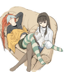 Rule 34 | 10s, 2girls, akemi homura, alternate costume, arm behind head, black bow, black eyes, black hair, black pantyhose, blanket, blanket over midsection, book, book on head, bow, casual, couch, covered face, covering face, cushion, from above, hair bow, hairband, holding, holding book, legs on another&#039;s lap, long hair, long sleeves, lying, mahou shoujo madoka magica, mahou shoujo madoka magica (anime), miniskirt, multiple girls, navel, object on head, open book, pantyhose, reading, red hair, ribbed sweater, sakura kyoko, sidelocks, simple background, sitting, skirt, sleeping, sleeves past wrists, socks, striped clothes, striped legwear, striped pantyhose, sweater, uruo, very long hair, white background