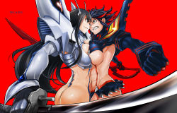 Rule 34 | 2girls, 71, abs, angry, ass, black hair, black legwear, breast press, breasts, clenched hand, clenched teeth, copyright name, elbow gloves, eye contact, face-to-face, gloves, holding, junketsu, katana, kill la kill, kiryuuin satsuki, large breasts, living clothes, long hair, looking at another, matoi ryuuko, midriff, multicolored hair, multiple girls, outstretched arm, parody, red background, red hair, revealing clothes, scissor blade (kill la kill), senketsu, short hair, simple background, skirt, sweat, sword, symmetrical docking, teeth, toned, two-tone hair, underboob, very long hair, weapon