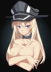 Rule 34 | 10s, 1girl, bad id, bad pixiv id, bismarck (kancolle), blonde hair, blue eyes, breasts, cleavage, hair censor, hat, kantai collection, large breasts, long hair, military hat, peaked cap, smile, solo, topless, wulazula