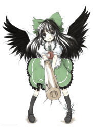 Rule 34 | 1girl, arm cannon, black hair, black wings, bow, female focus, hair bow, kurona, long hair, looking at viewer, open mouth, reiuji utsuho, simple background, smile, solo, touhou, weapon, white background, wings