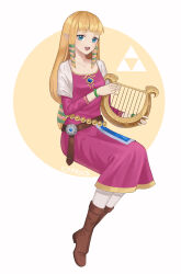 Rule 34 | 1girl, absurdres, belt, blonde hair, blue eyes, boots, bracelet, dress, full body, hair ribbon, harp, highres, holding, holding instrument, instrument, invisible chair, jewelry, long hair, looking at viewer, low-tied long hair, nintendo, open mouth, pantyhose, pointy ears, princess zelda, prock, ribbon, sitting, smile, solo, the legend of zelda, the legend of zelda: skyward sword, very long hair