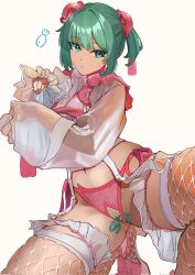 Rule 34 | 1girl, bun cover, chinese clothes, closed mouth, commission, crotchless, crotchless panties, double bun, fishnet thighhighs, fishnets, frilled sleeves, frills, green eyes, green hair, hair bun, highres, long sleeves, looking at viewer, mr thecatman, navel, panties, pink panties, pussy, see-through, sei asagiri, short hair, simple background, solo, squatting, thighhighs, twintails, underwear, va-11 hall-a, white background
